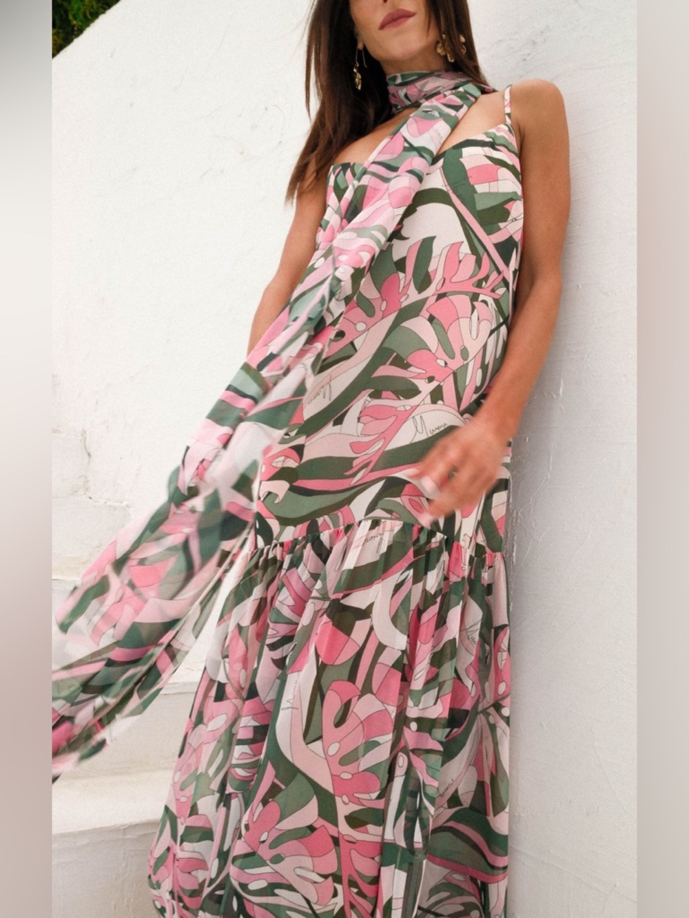 Show Me Your Mumu Dalia Maxi Dress Size M with scarf flamingo palms floral nwot - Picture 2 of 2